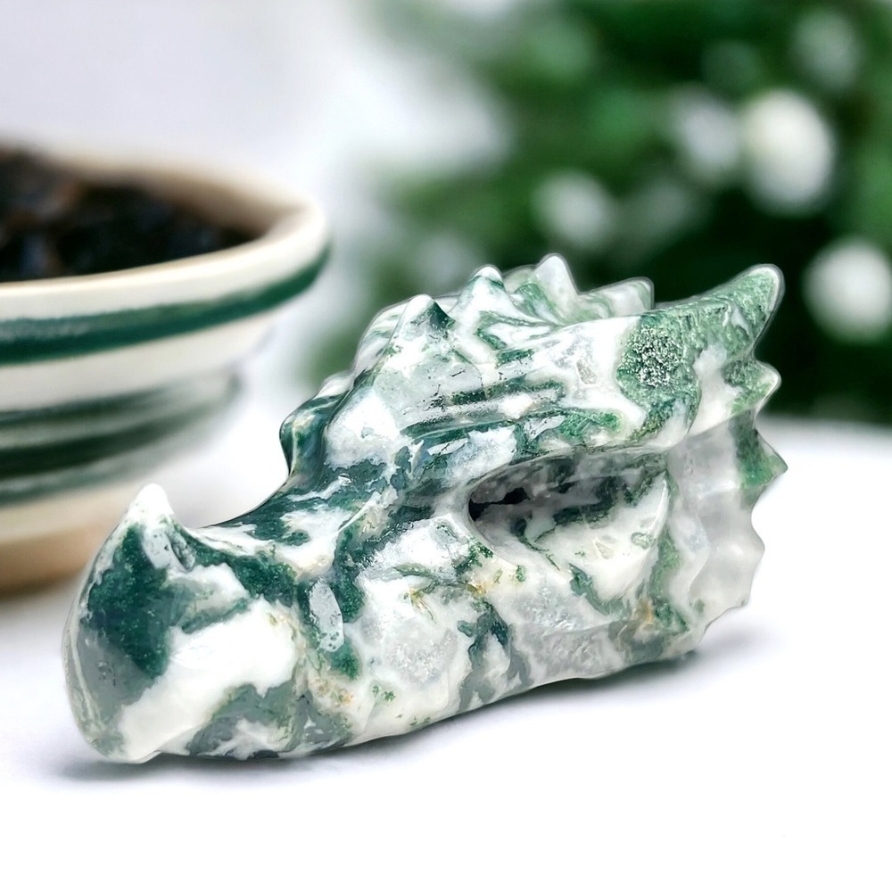 LARGE Moss Agate Hand Carved Dragon Crystal Gemstone